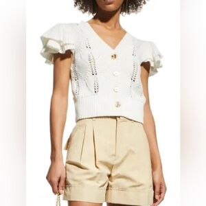 NWT L Milly Ecru Pointelle Ruffle Short Sleeve Knit Cardigan Sweater Button Up